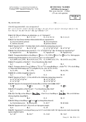 Đề 3 thi trắc nghiệm môn hóa 10 hè 2015 thời gian làm bài 45 phút trường THPT Nguyễn Trường Tộ - Vinh